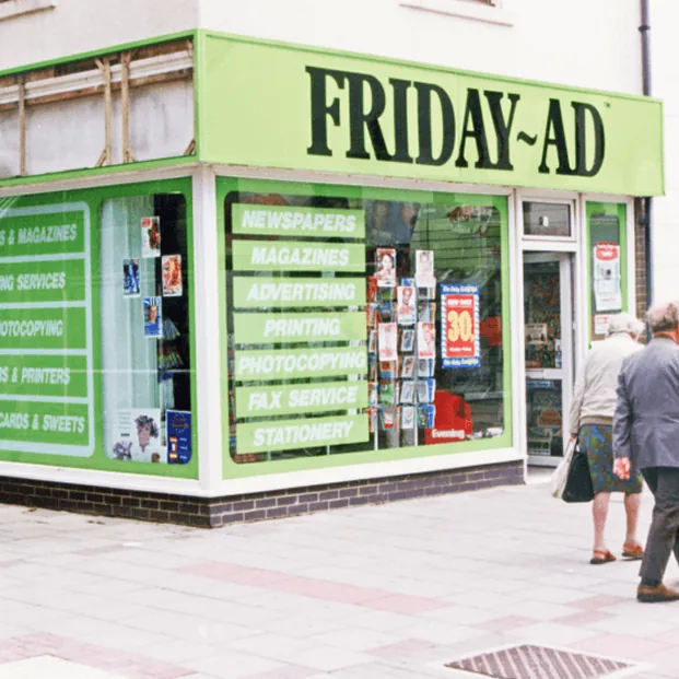 The original Friday-Ad shop, with its sign above the windows