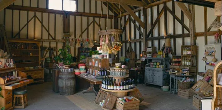 The farm shop inside the timber barn at Goddenwick Farm